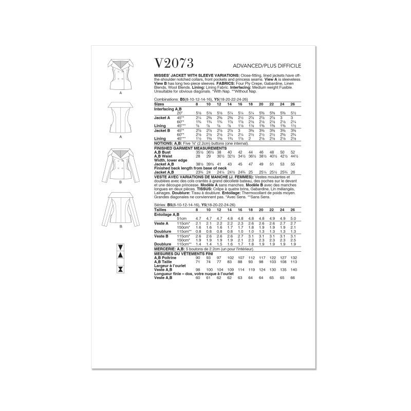 Patron Vogue 2073 Y5 (46-54) - Veste pour femme avec variations de manches