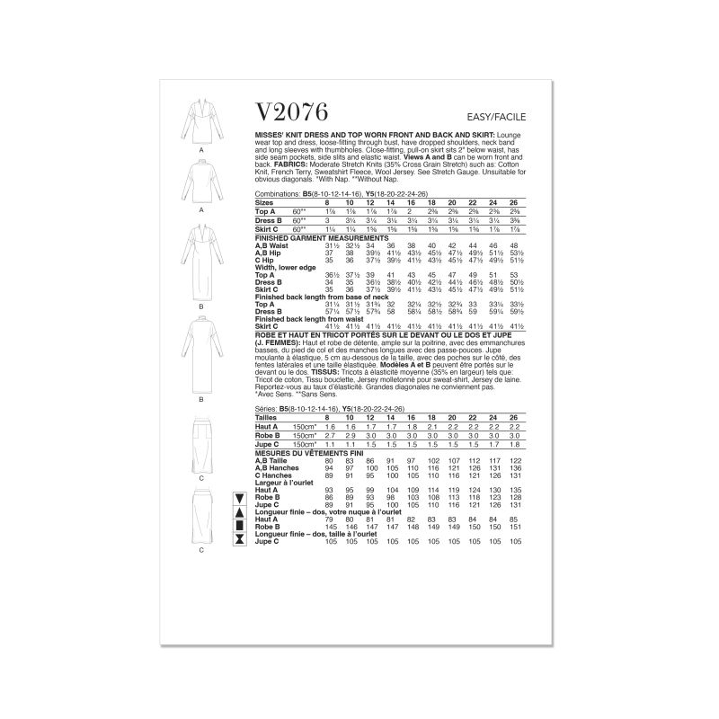 Patron Vogue 2076 B5 (36-44) - Robe et haut en maille pour femme