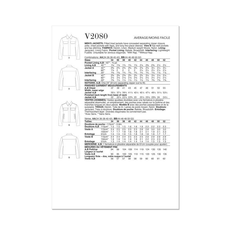 Patron Vogue 2080 BB (56-64) - Vestes pour homme