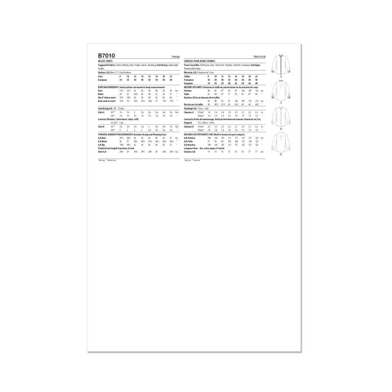 Patron Butterick 7010/R5 (42-50) - Chemisier semi-ajusté