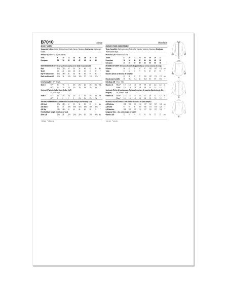 Patron Butterick 7010/R5 (42-50) - Chemisier semi-ajusté