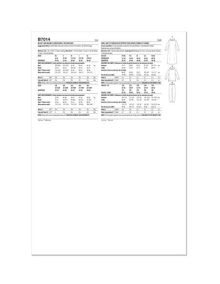 Patron Butterick 7014/BB (48-68) - Robe, haut et pantalon de détente