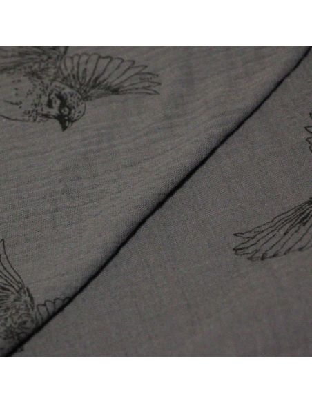 Double gaze 100% coton - Oiseaux noirs fond anthracite