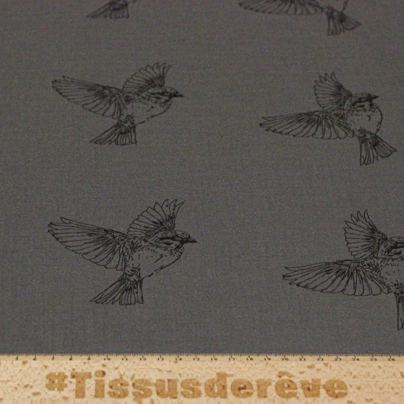 Double gaze 100% coton - Oiseaux noirs fond anthracite
