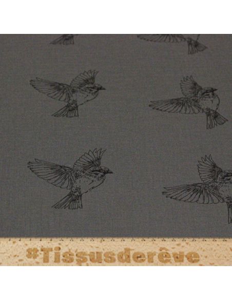 Double gaze 100% coton - Oiseaux noirs fond anthracite