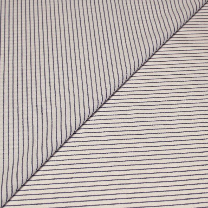 Popeline 100% coton tissé-teint - Rayure bleu fond blanc optique