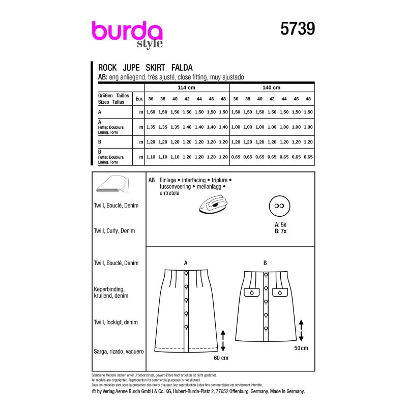 Patron Burda 5739 - Jupe évasée à patte de boutonnage