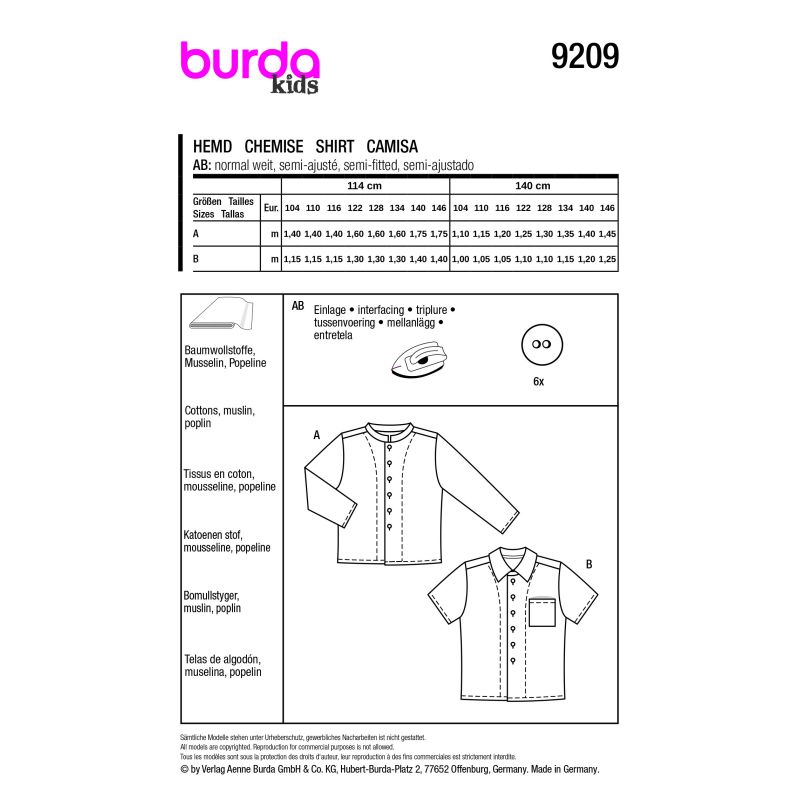 Patron Burda 9209 - Chemise pour enfants avec variations stylées