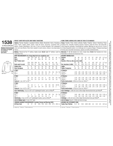 Patron Simplicity 1538.H5 (34-42) - Chemise boutonnée pour femmes