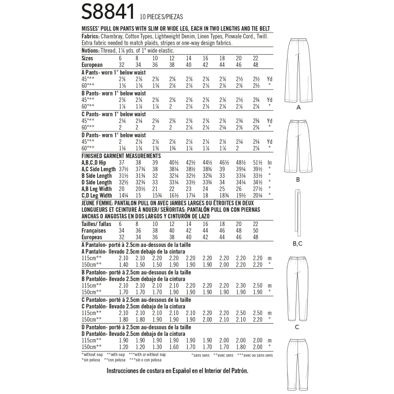 Patron Simplicity 8841.H5 (34-42) - Pantalons à enfiler à jambes larges ou étroites pour femmes
