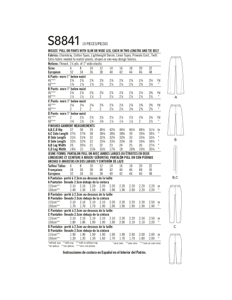 Patron Simplicity 8841.H5 (34-42) - Pantalons à enfiler à jambes larges ou étroites pour femmes