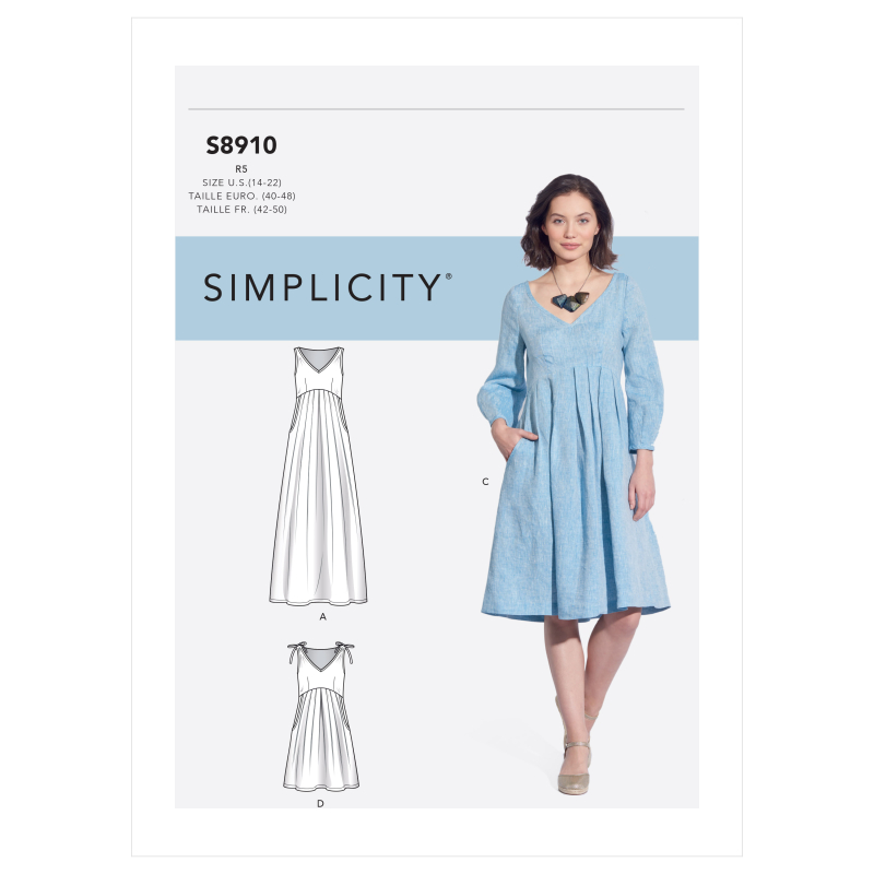 Patron Simplicity 8910.H5 (34-42) - Robe à encolure en V et taille empire