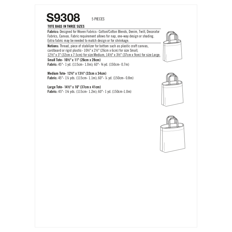 Patron Simplicity 9308 - Sacs fourre-tout en trois tailles