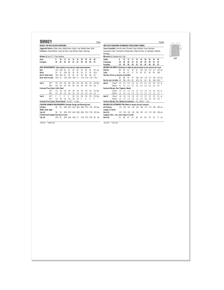 Patron Simplicity 9921.K5 (36-44) - Haut décontracté avec variations de manches