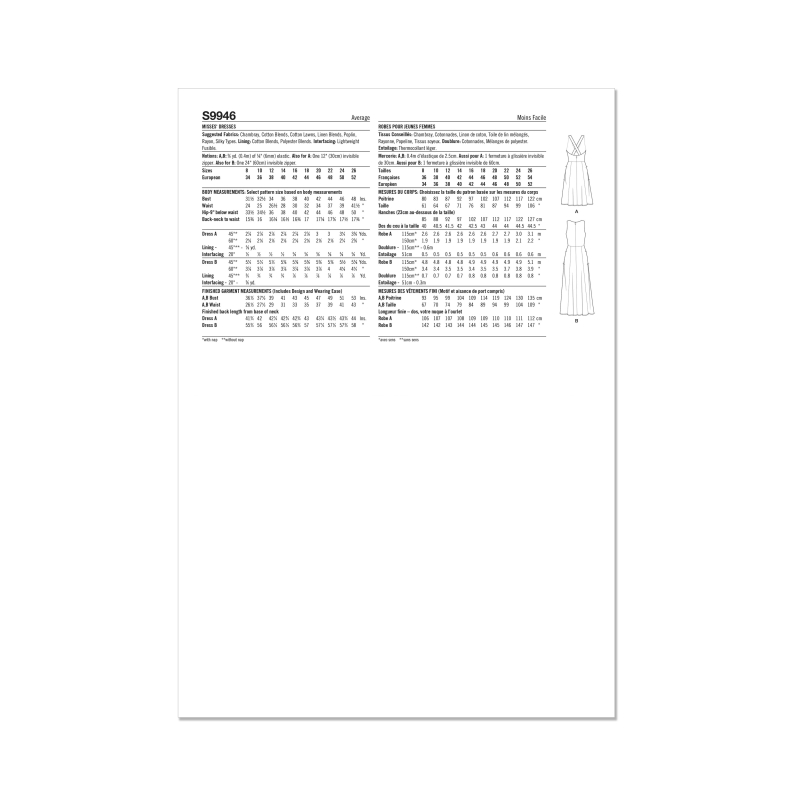 Patron Simplicity 9946.Y5 (46-54) - Robe à encolure profonde ou dégagée avec découpes modernes