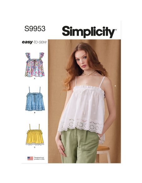 Patron Simplicity 9953.D5 (32-40) - Hauts pour femmes avec encolure élastiquée et options de volants