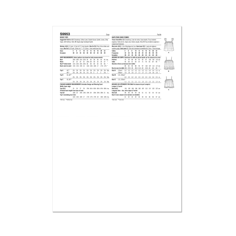 Patron Simplicity 9953.R5 (42-50) - Hauts pour femmes avec encolure élastiquée et options de volants