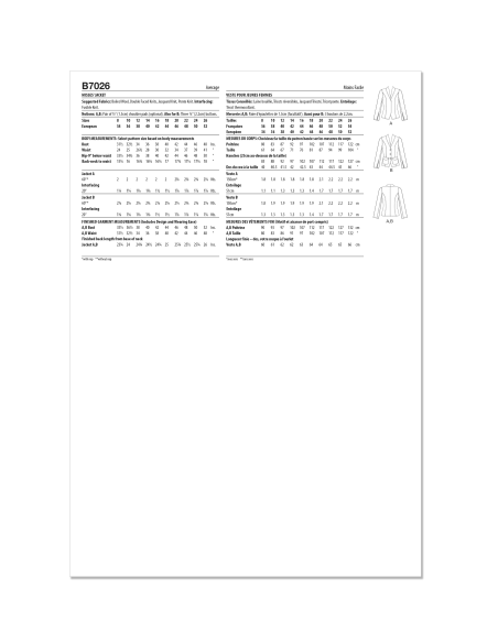 Patron Butterick 7026 K5 (36-44) - Vestes à col châle et manches fendues
