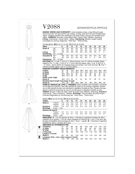 Patron Vogue 2088/Y5 (46-54) - Robe bustier fendue et jupe plissée avec ceinture