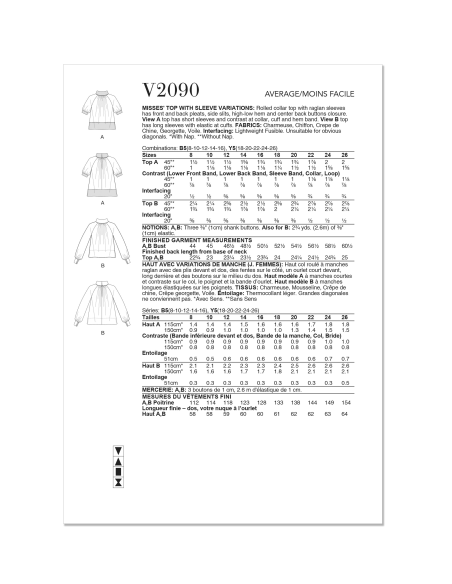 Patron Vogue 2090/B5 (36-42) - Haut col roulé à plis et manches raglan