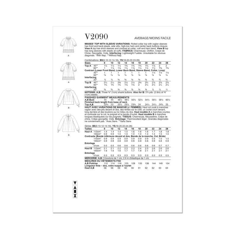 Patron Vogue 2090/Y5 (46-54) - Haut col roulé à plis et manches raglan