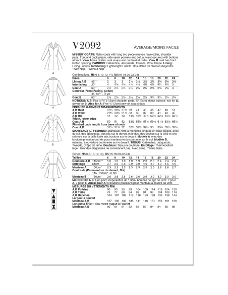 Patron Vogue 2092/H5 (34-42) - Manteaux rétro ceinturés à manches longues