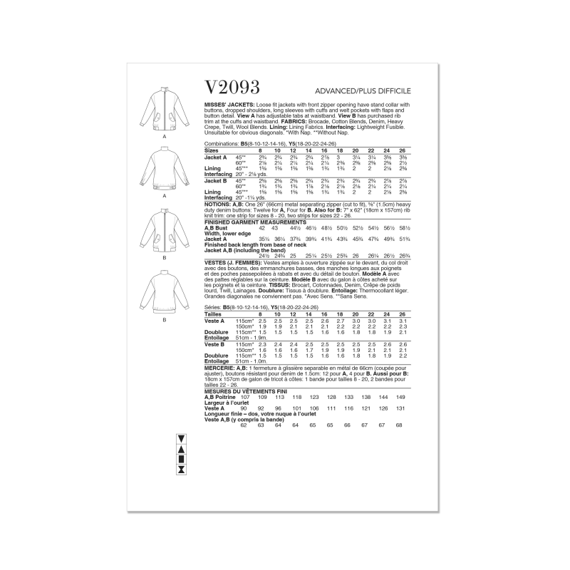 Patron Vogue 2093/Y5 (46-54) - Vestes zippées à col droit et poches à rabats