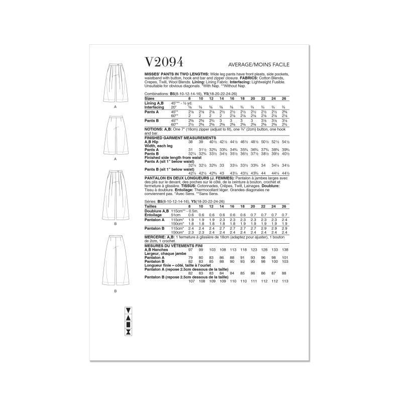 Patron Vogue 2094/Y5 (46-54) - Pantalon à jambes larges avec plis et ceinture boutonnée