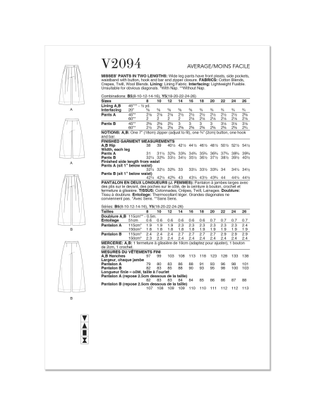 Patron Vogue 2094/Y5 (46-54) - Pantalon à jambes larges avec plis et ceinture boutonnée