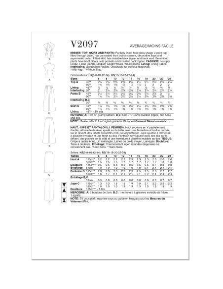 Patron Vogue 2097/H5 (34-42) - Ensemble haut col asymétrique, jupe ajustée et pantalon semi-ajusté