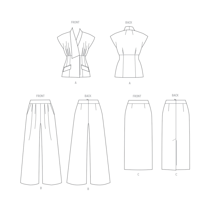 Patron Vogue 2097/U5 (44-52) - Ensemble haut col asymétrique, jupe ajustée et pantalon semi-ajusté