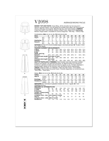Patron Vogue 2098/B5 (36-44) - Haut moulant à manches hors épaule et pantalon à jambes larges