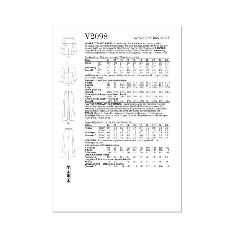 Patron Vogue 2098/Y5 (46-54) - Haut moulant à manches hors épaule et pantalon à jambes larges