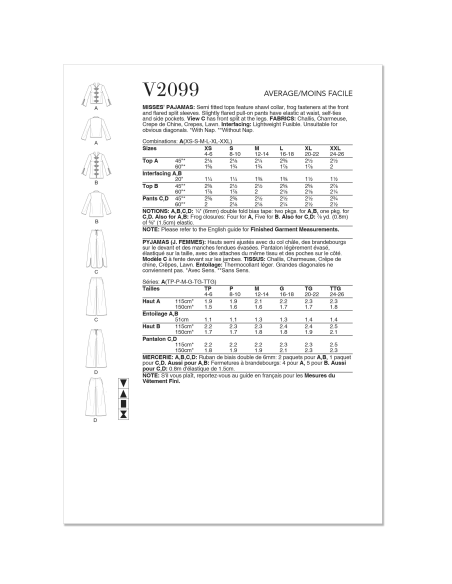 Patron Vogue 2099 (32-54) - Haut col châle à brandebourgs et pantalon évasé à attaches