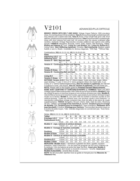 Patron Vogue 2101/U5 (44-52) - Robe vintage à encolure festonnée et ceinture-écharpe