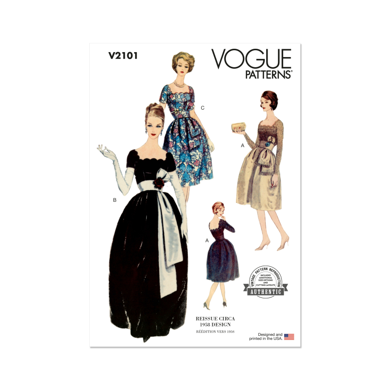 Patron Vogue 2101/U5 (44-52) - Robe vintage à encolure festonnée et ceinture-écharpe