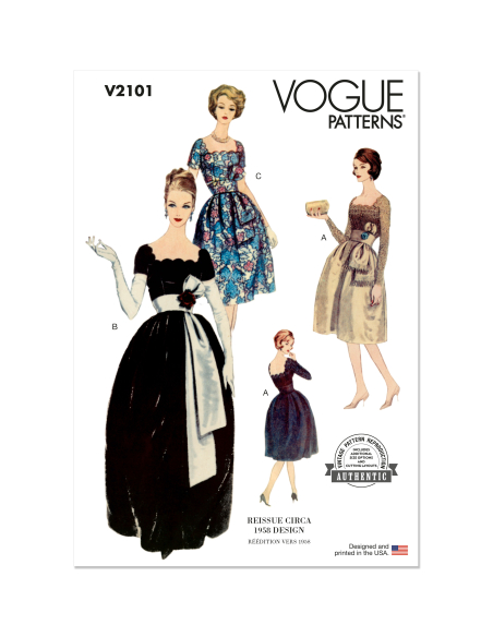 Patron Vogue 2101/U5 (44-52) - Robe vintage à encolure festonnée et ceinture-écharpe