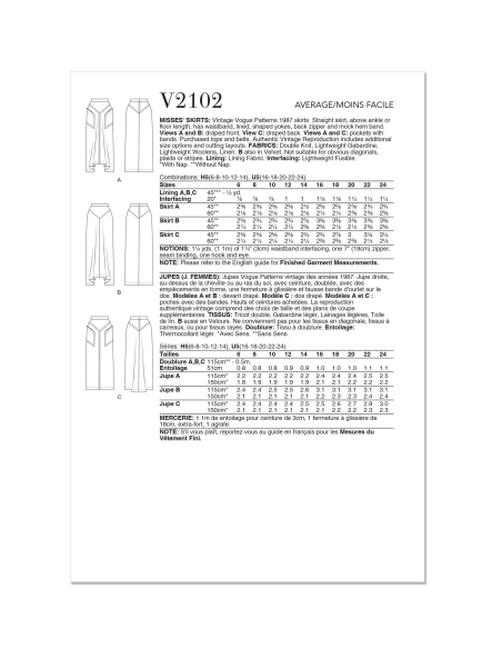 Patron Vogue 2102/U5 (44-54) - Jupe droite vintage à empiècements et fausse bande d’ourlet