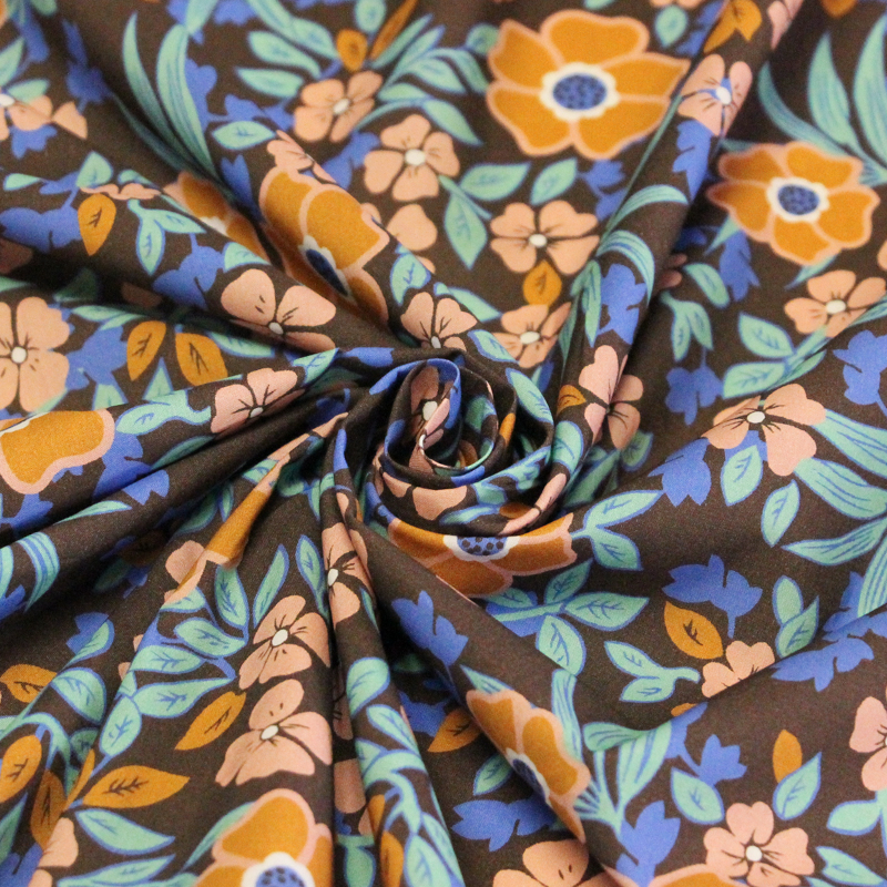 Percale 100% coton peigné luxe - Floral rose & camel fond marron
