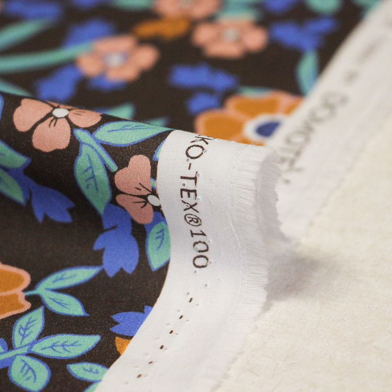 Percale 100% coton peigné luxe - Floral rose & camel fond marron