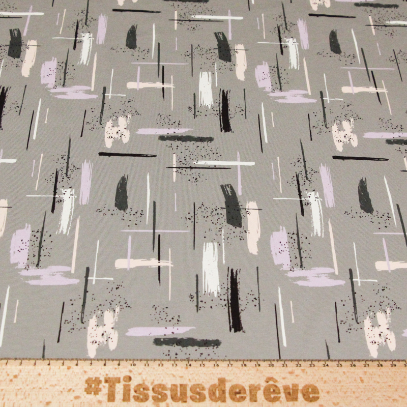 Jersey coton peigné & élasthanne - Trace colorée fond gris