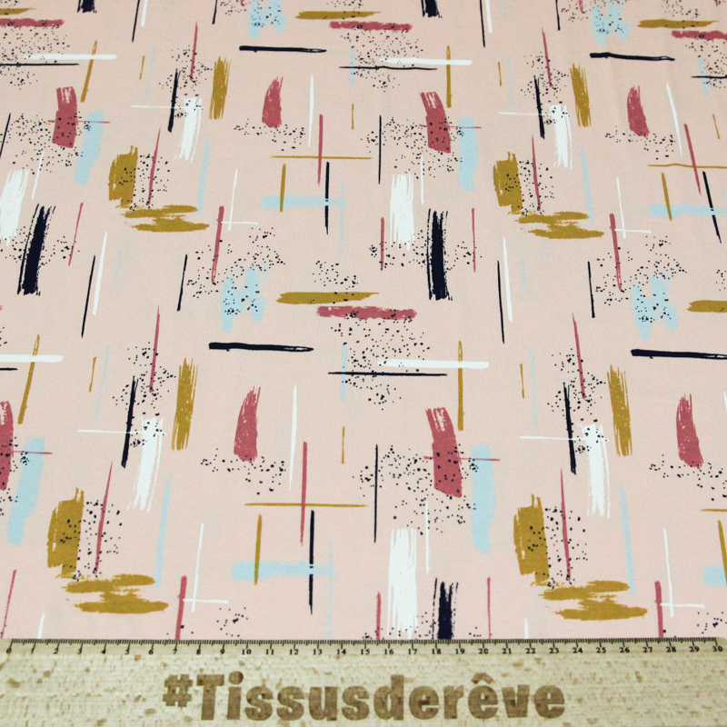 Jersey coton peigné & élasthanne - Trace colorée fond rose