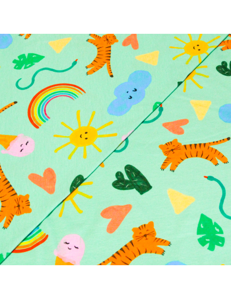 Jersey coton peigné & élasthanne – Tigres arc-en-ciel fond vert