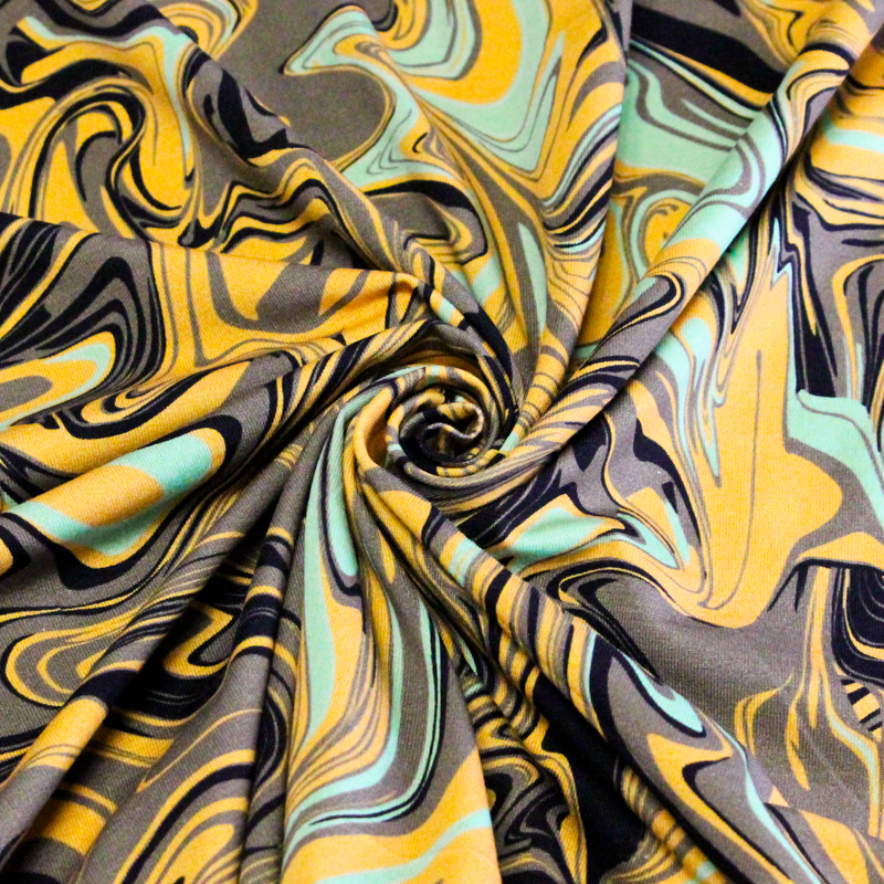 Jersey coton peigné & élasthanne – Marbré jaune vert noir