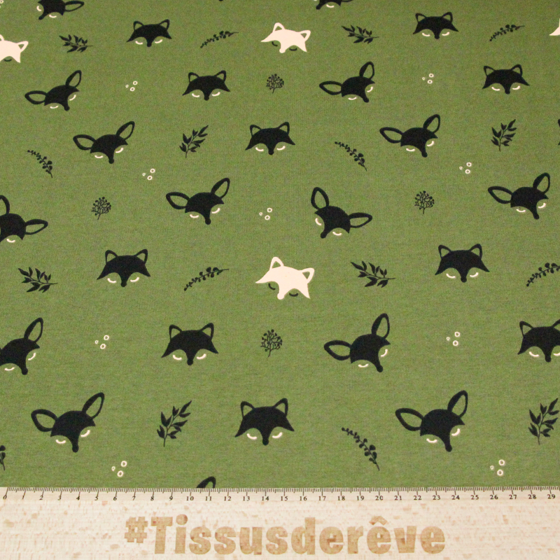 Molleton gratté - Renard noir & beige fond vert
