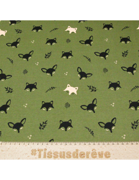 Molleton gratté - Renard noir & beige fond vert