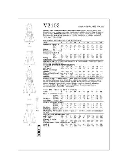 Patron Vogue 2103/B5 (36-44) - Robe sans manches midi ou mini