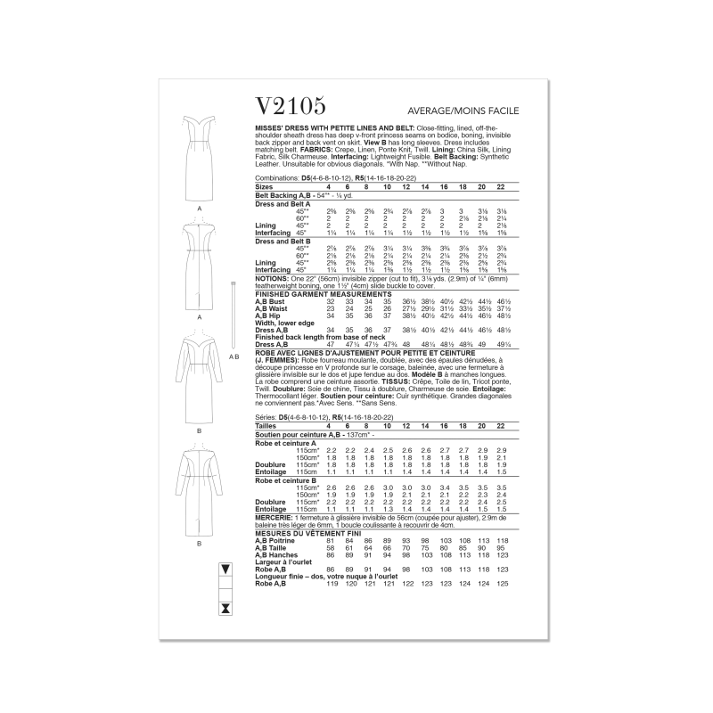 Patron Vogue 2105/D5 (32-40) - Robe fourreau épaules dénudées et ceinture