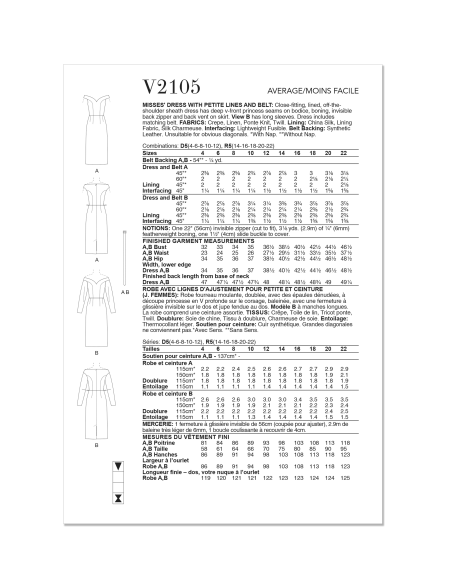 Patron Vogue 2105/D5 (32-40) - Robe fourreau épaules dénudées et ceinture