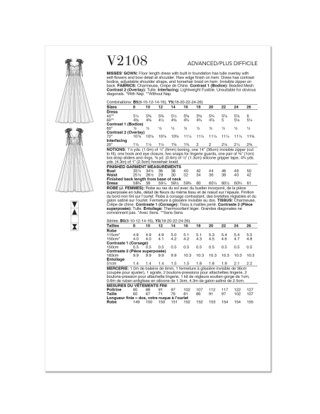 Patron Vogue 2108/Y5 (46-54) - Robe longue de soirée bustier avec superposition tulle